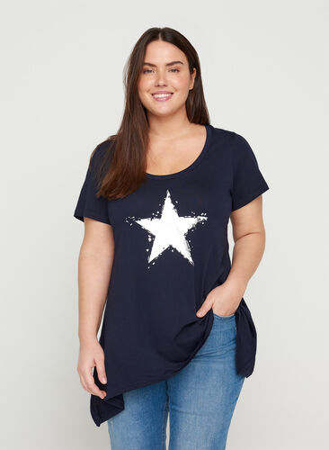 Kurzarm T-Shirt aus Baumwolle mit A-Linie, Night Sky STAR, Model image number 0