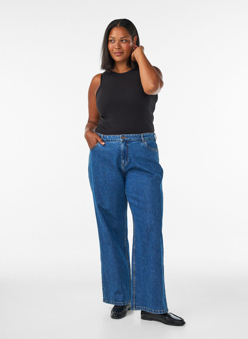 Jeans mit weitem Bein und hohem Bund, Blau, Model image number 0