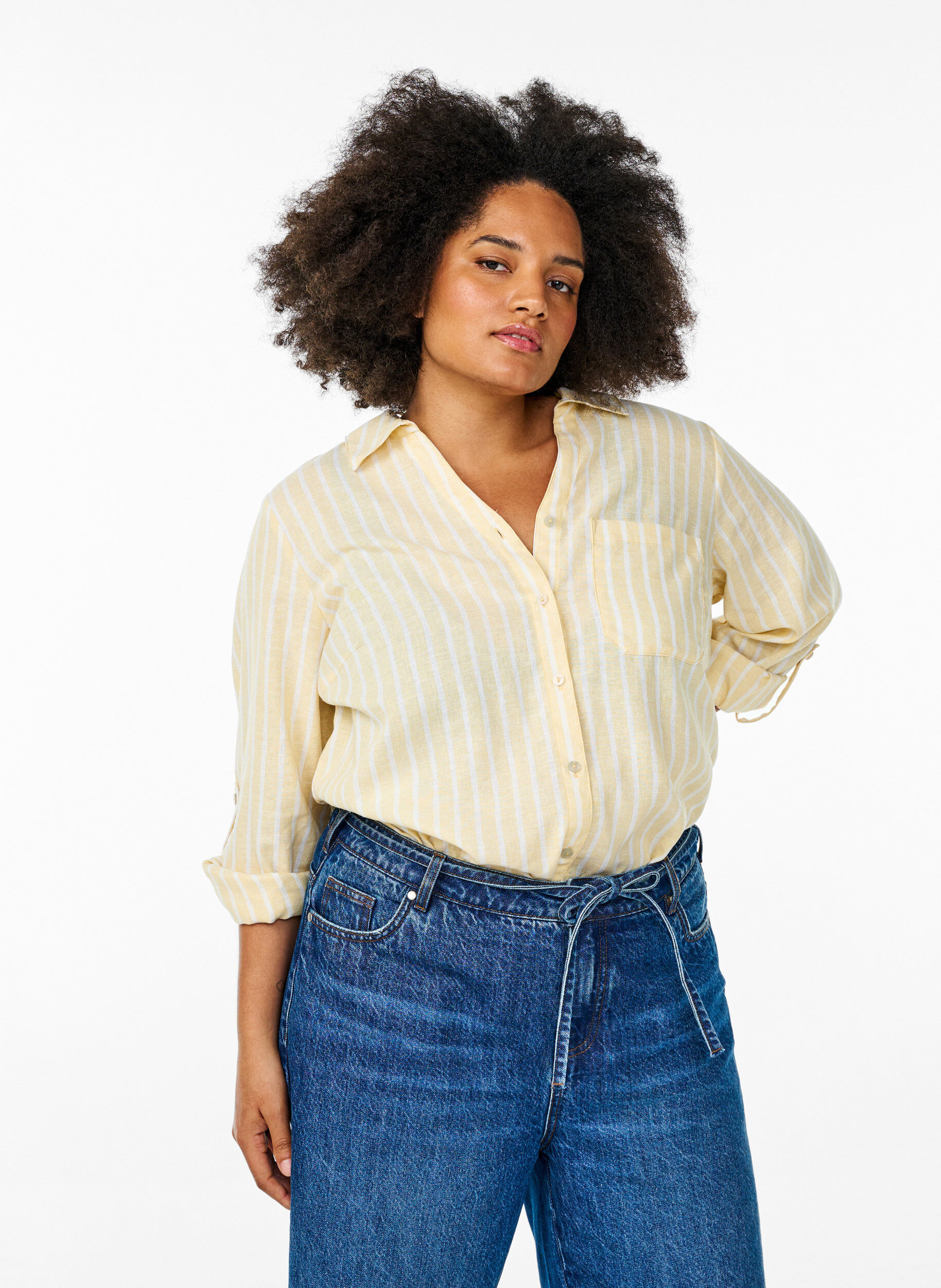 Bluse aus Leinen und Viskose mit 3/4-&Auml;rmeln, Beige, Model