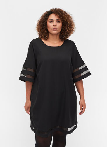 Kurzarm Kleid mit transparenten Details, Black, Model image number 0