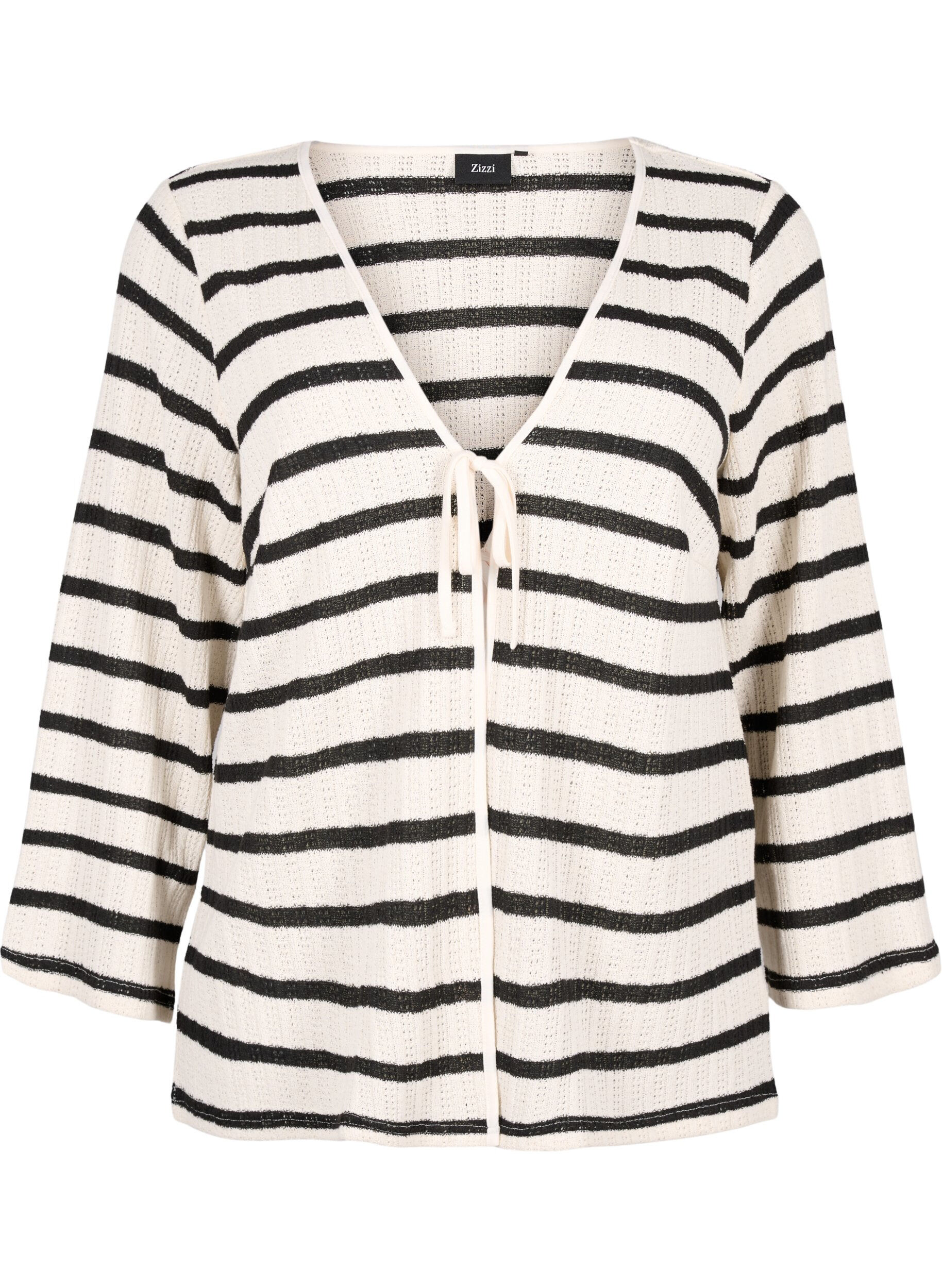 ZizziGestreifte Strickjacke mit Bindeband, Sand Black Stripe, Packshot image number 0