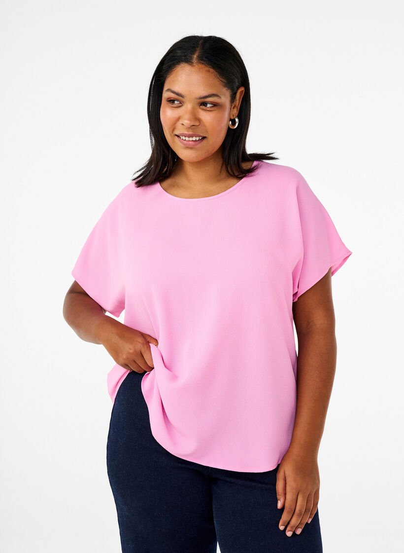 Bluse mit kurzen &Auml;rmeln und Rundhalsausschnitt, Pink, Model image number 0