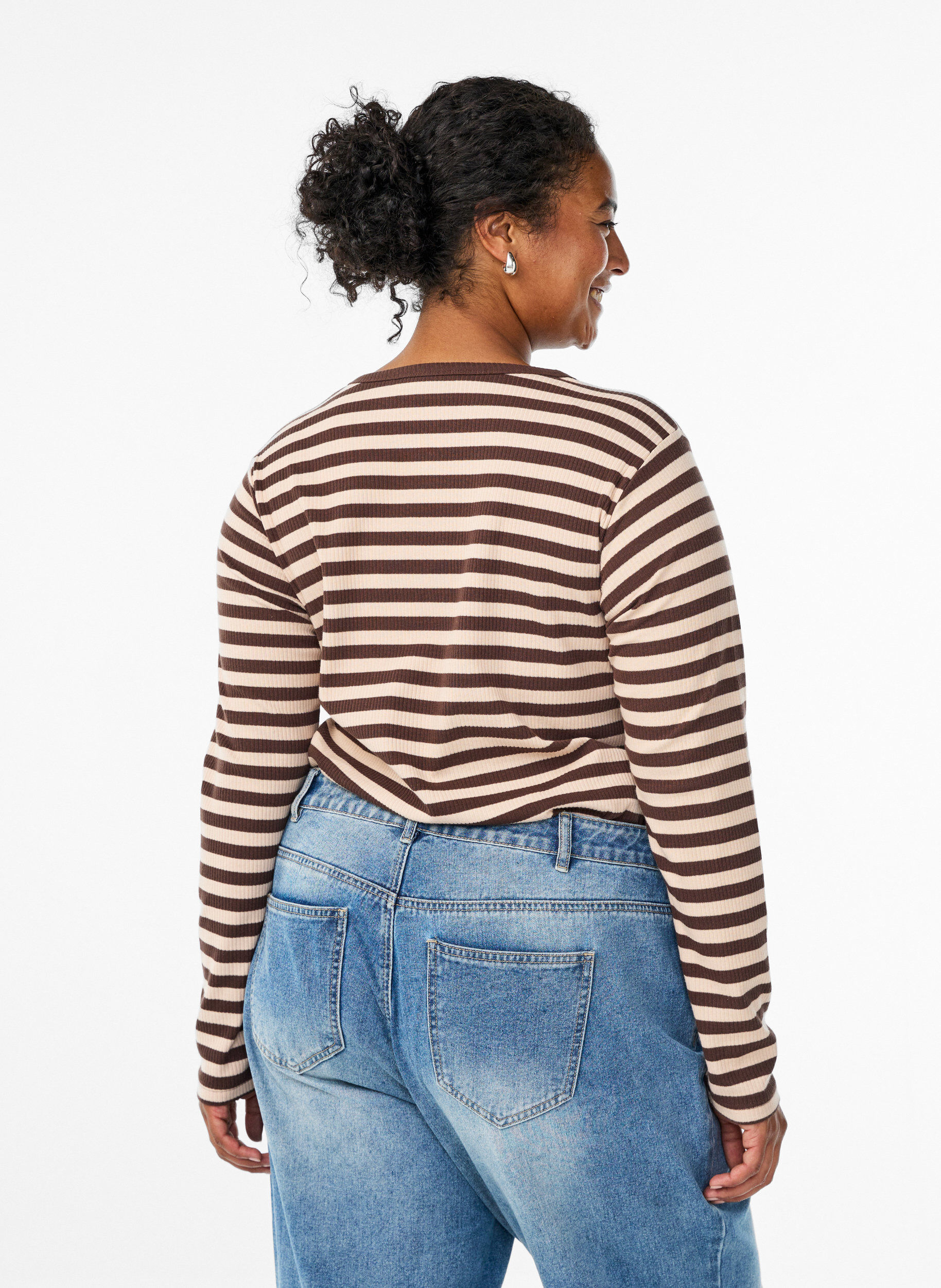 ZizziGestreifte Bluse mit langen &Auml;rmeln, Braun, Model image number 2
