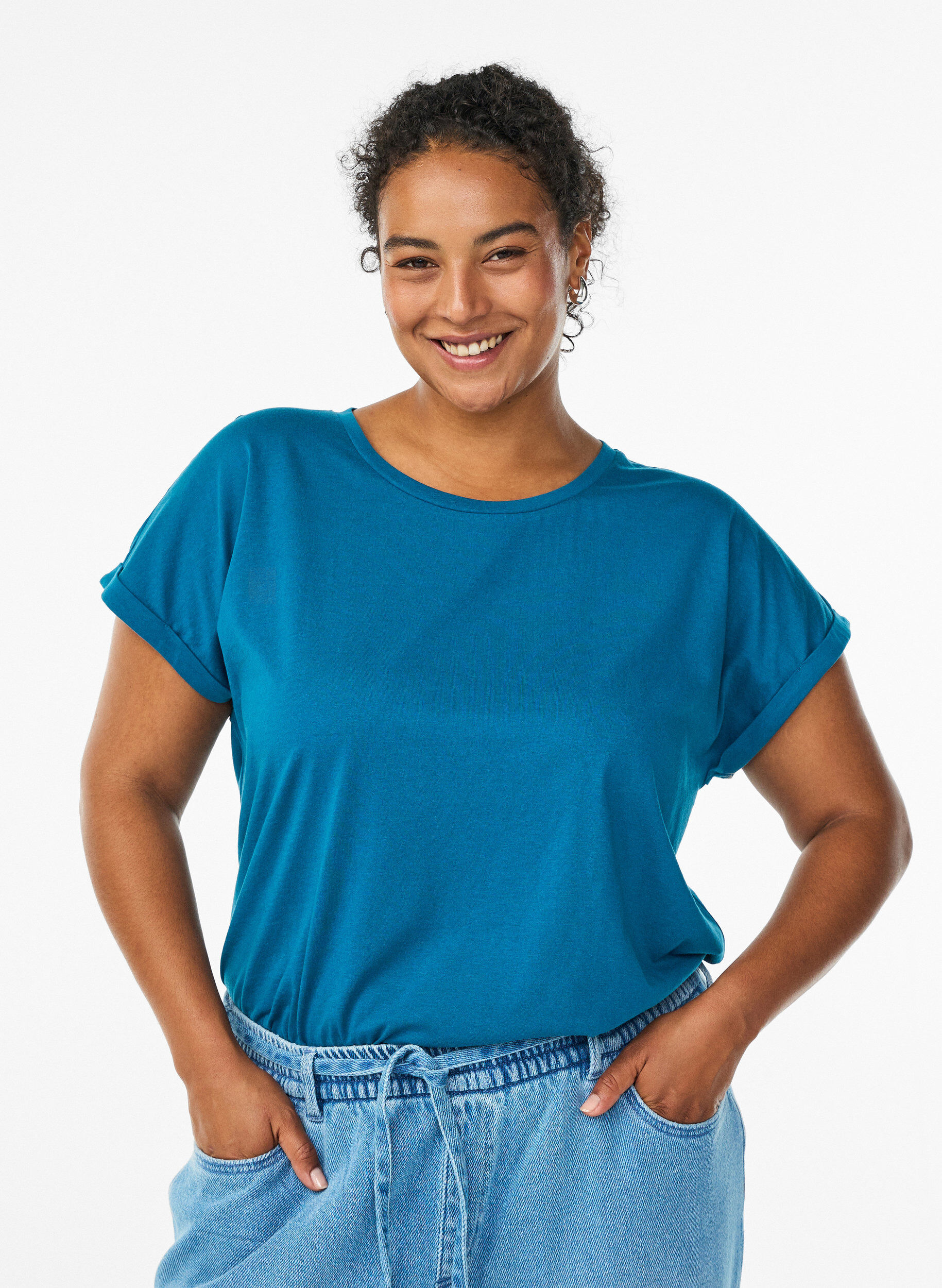 ZizziKurz&auml;rmeliges T-Shirt aus einer Baumwollmischung, Petrol, Model image number 0