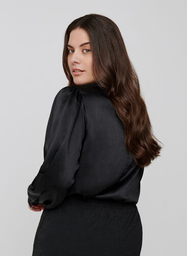 Shiny Bluse mit langen Puffärmeln, Black, Model image number 1