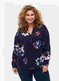 FLASH - Langärmelige Bluse mit Print, Big Blue Flower, Model