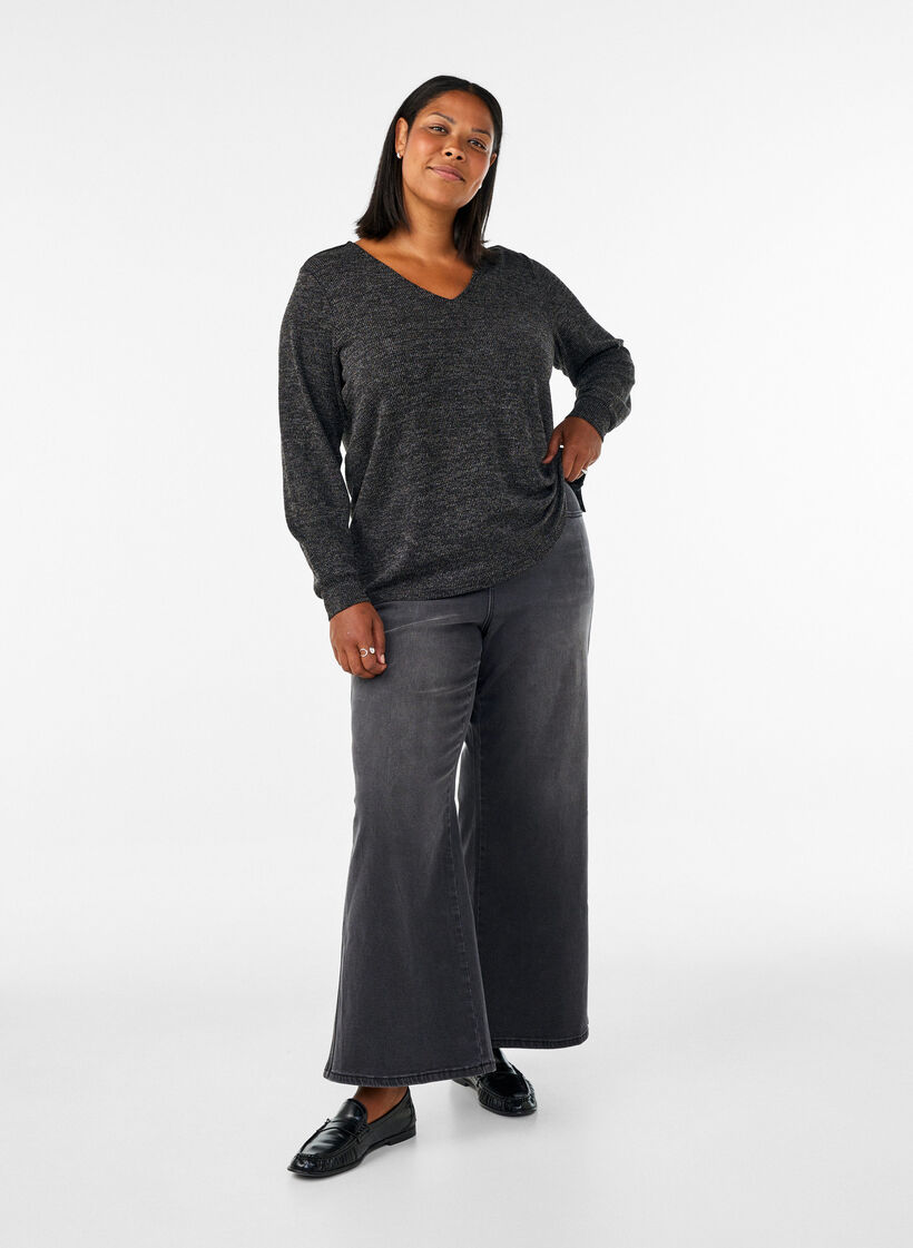 Bluse aus Jersey mit V-Ausschnitt und langen &Auml;rmeln, Schwarz, Model image number 1