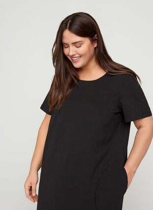 Kurzarm Kleid aus Baumwolle mit Taschen, Solid Black, Model image number 2