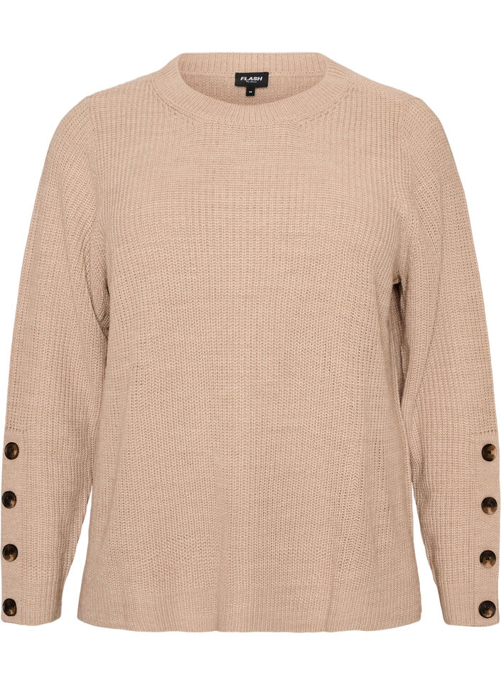 Strickbluse mit Rippstruktur und Knopfdetails, Beige, Packshot image number 0