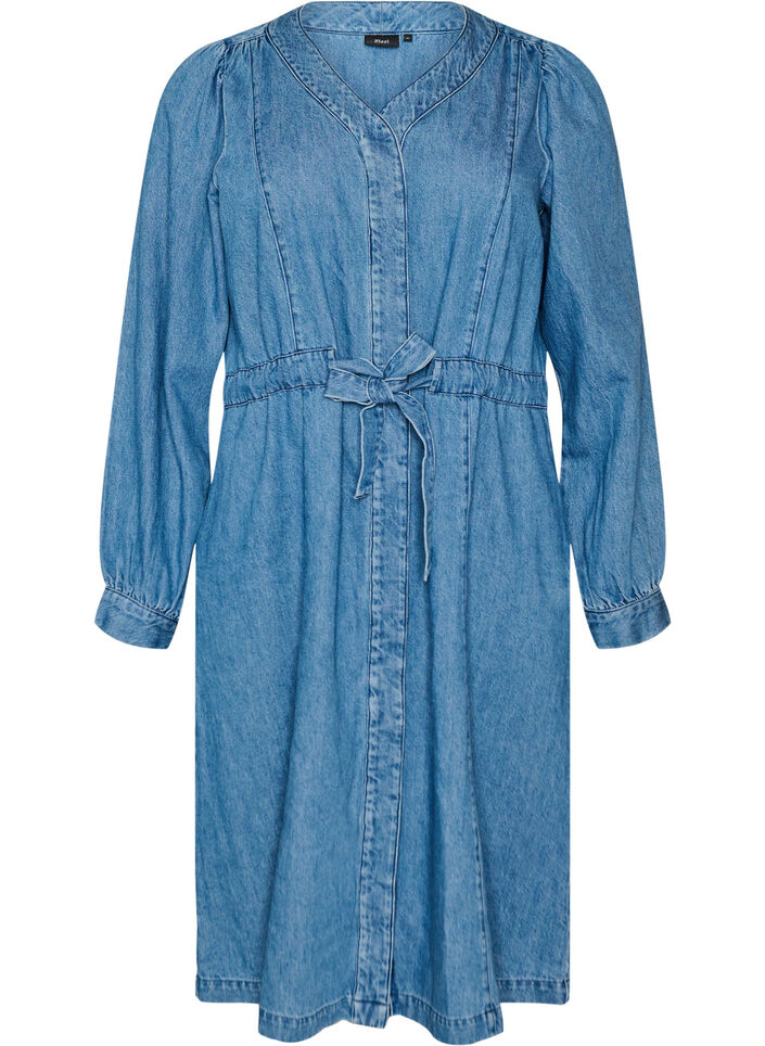 Jeanskleid mit V-Ausschnitt und Bindeg&uuml;rtel, Blau, Packshot image number 0