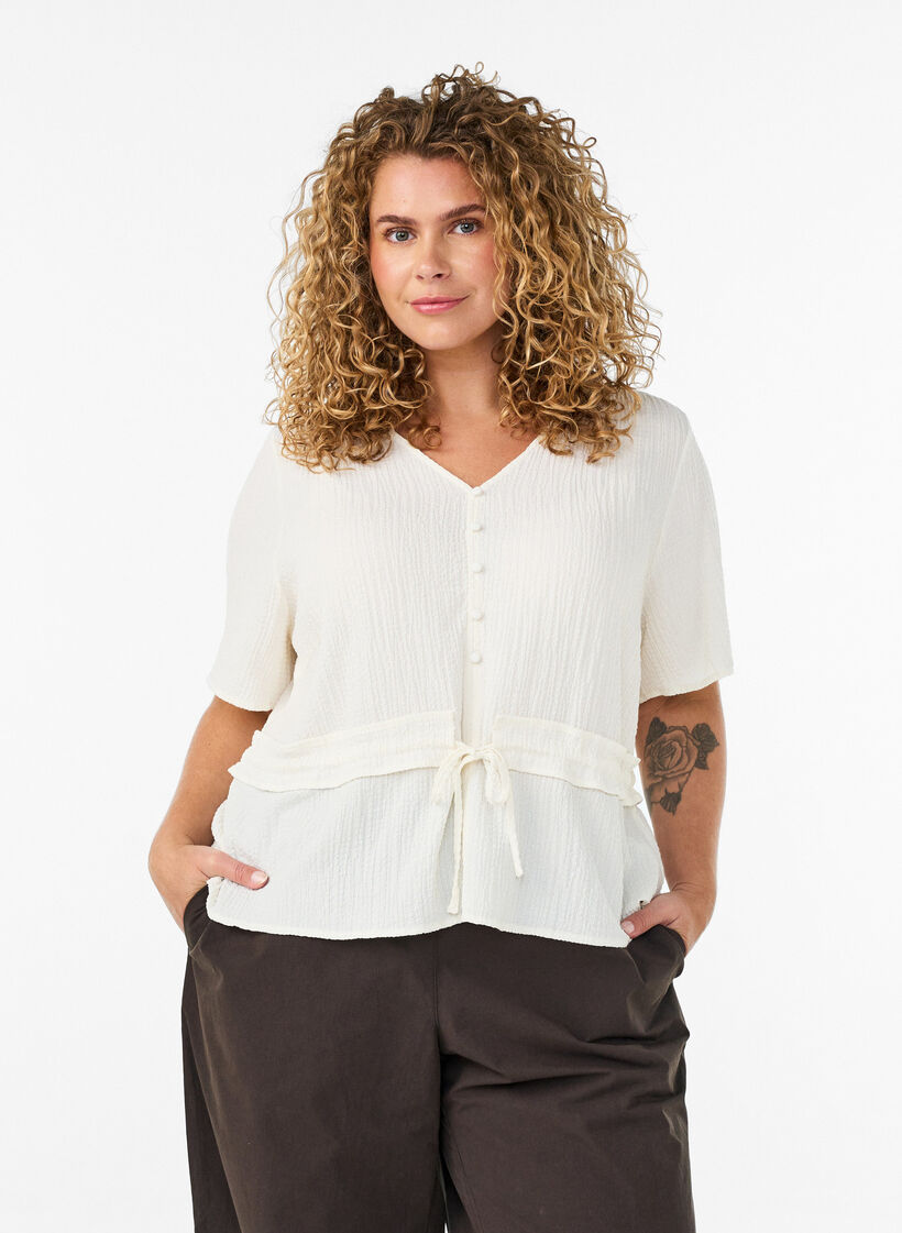 Bluse mit Struktur und Taillenbindung, Vanille, Model image number 0