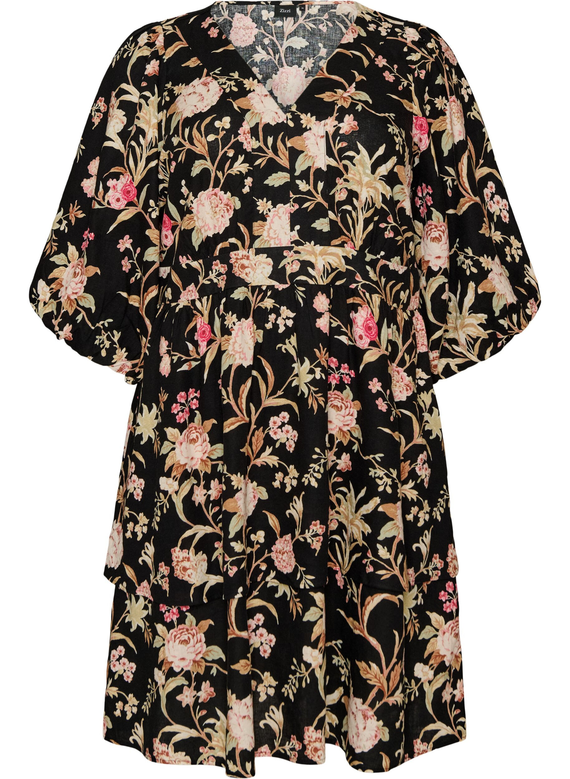ZizziGebl&uuml;mtes Kleid aus Leinen und Viskose mit Empire-Linie, Schwarz, Packshot image number 0