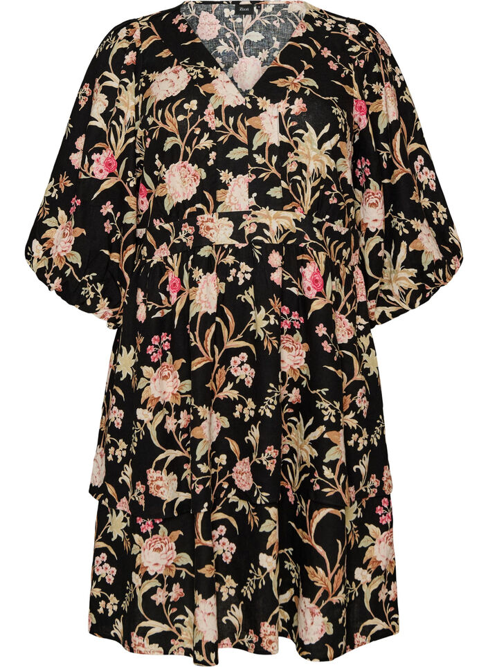 Gebl&uuml;mtes Kleid aus Leinen und Viskose mit Empire-Linie, Schwarz, Packshot image number 0