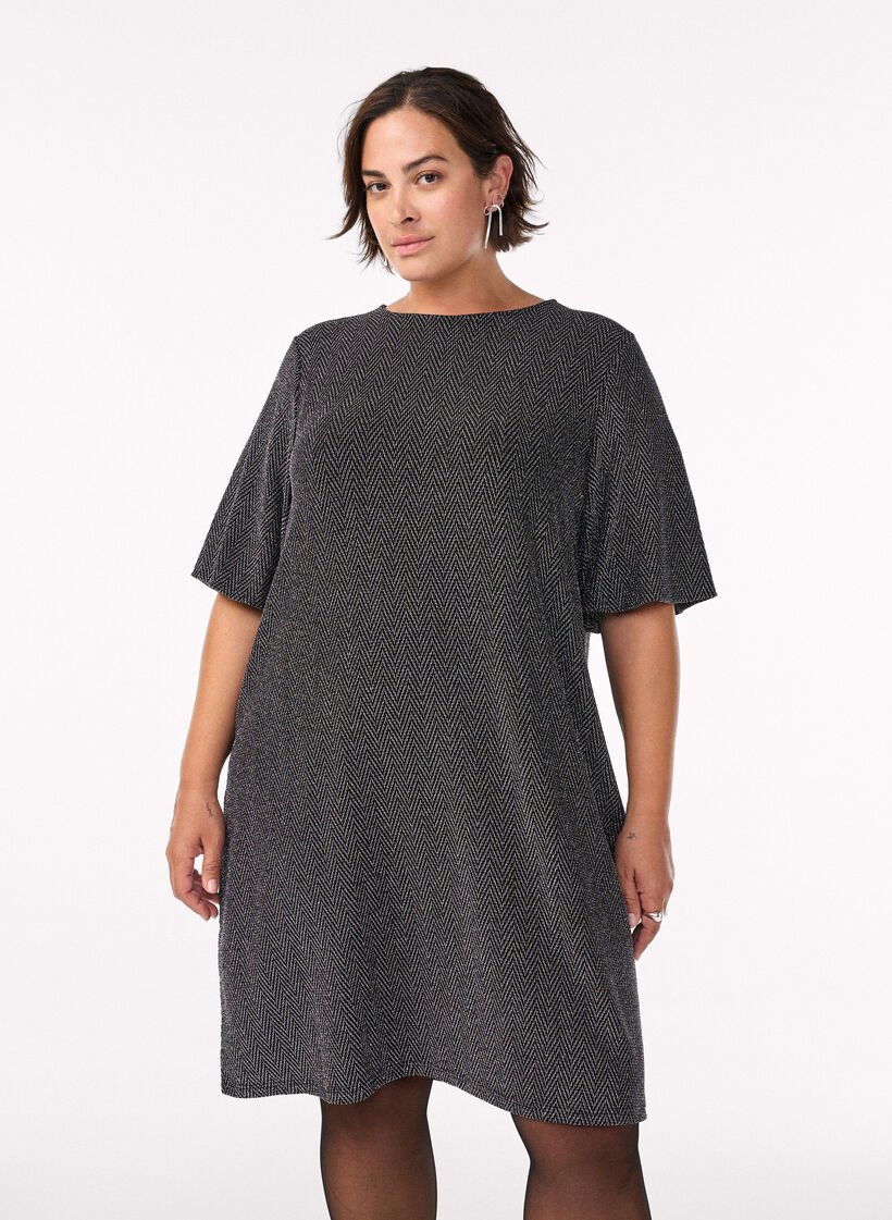 Kurzes Kleid mit Glitzermuster, Schwarz, Model image number 0