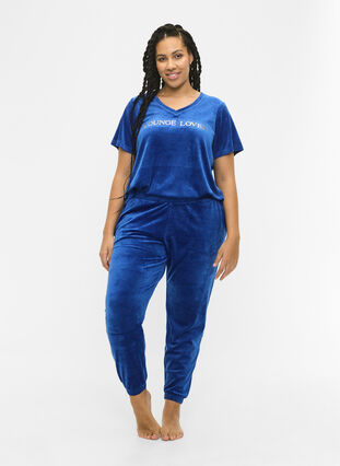 T-Shirt aus Velours mit V-Ausschnitt, Monaco Blue, Model image number 3