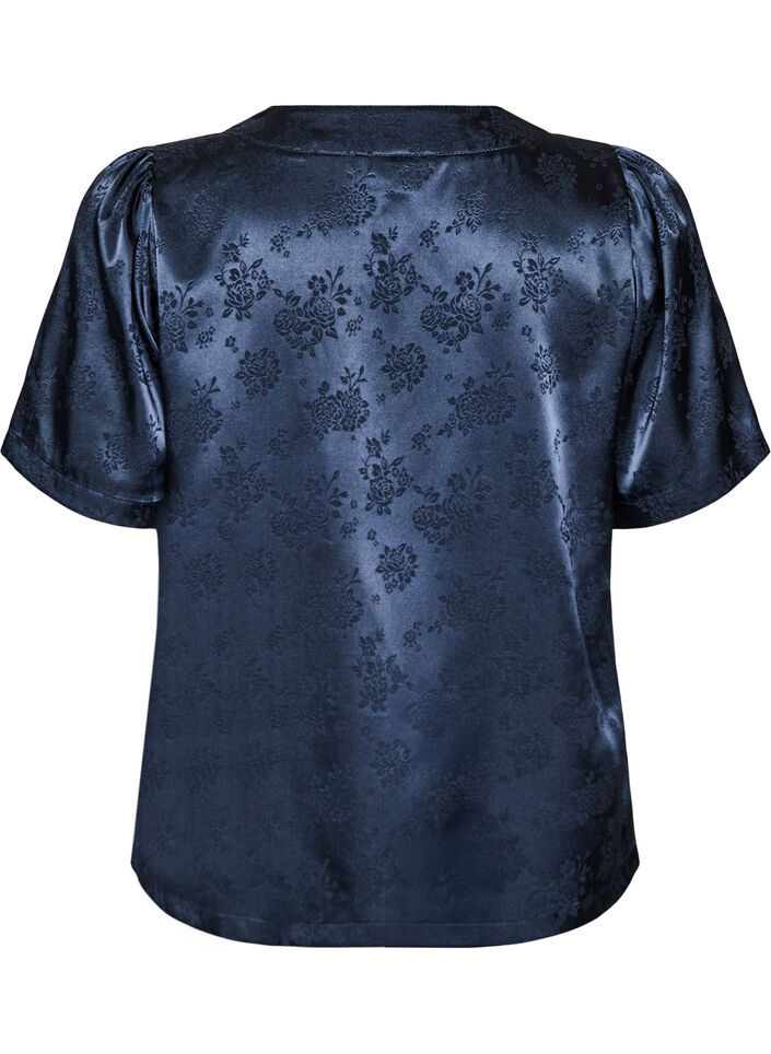 Gebl&uuml;mte Bluse aus Satin mit V-Ausschnitt, Blau, Packshot image number 1
