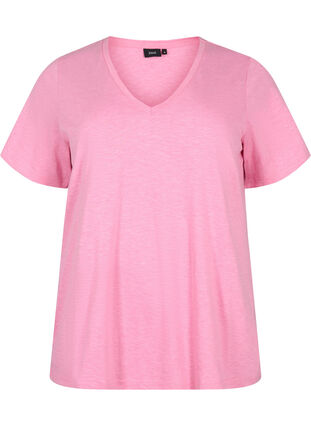 Kurzärmeliges Basic T-Shirt mit V-Ausschnitt, Rosebloom, Packshot image number 0