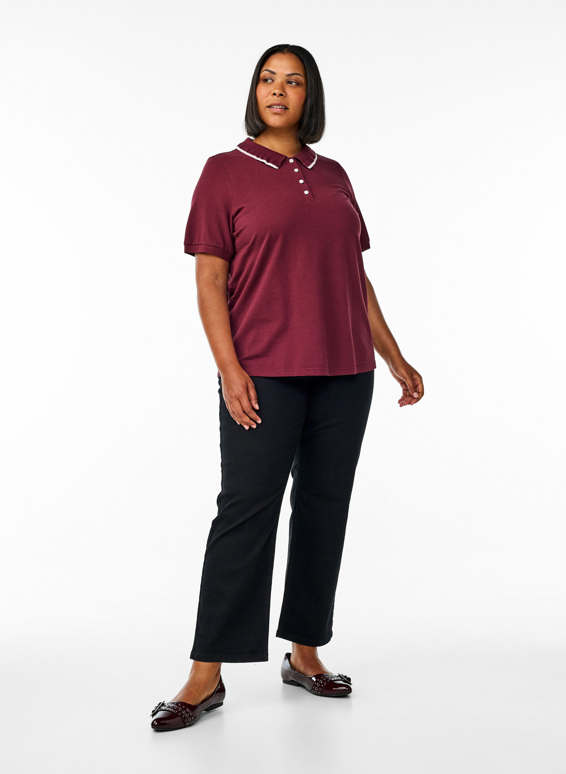 ZizziPoloshirt mit Strasssteinen und R&uuml;schendetails, Rot, Model image number 1