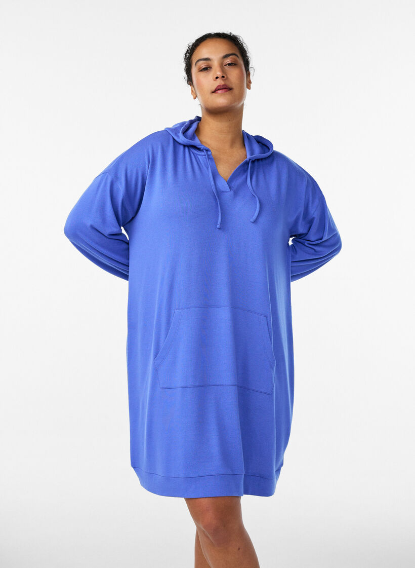 Kurzes Hoodie-Kleid mit K&auml;ngurutasche, Blau, Model image number 0