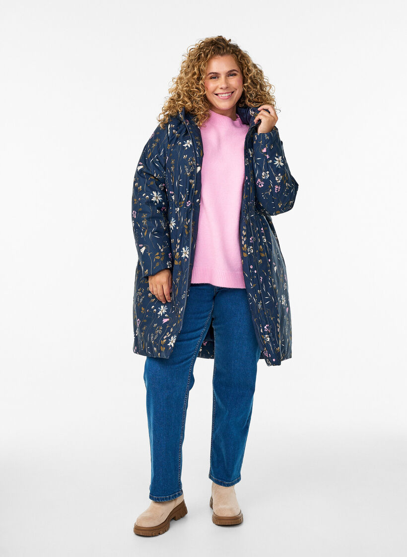 Gepolsterte Winterjacke mit Blumenprint, Blau, Model image number 1