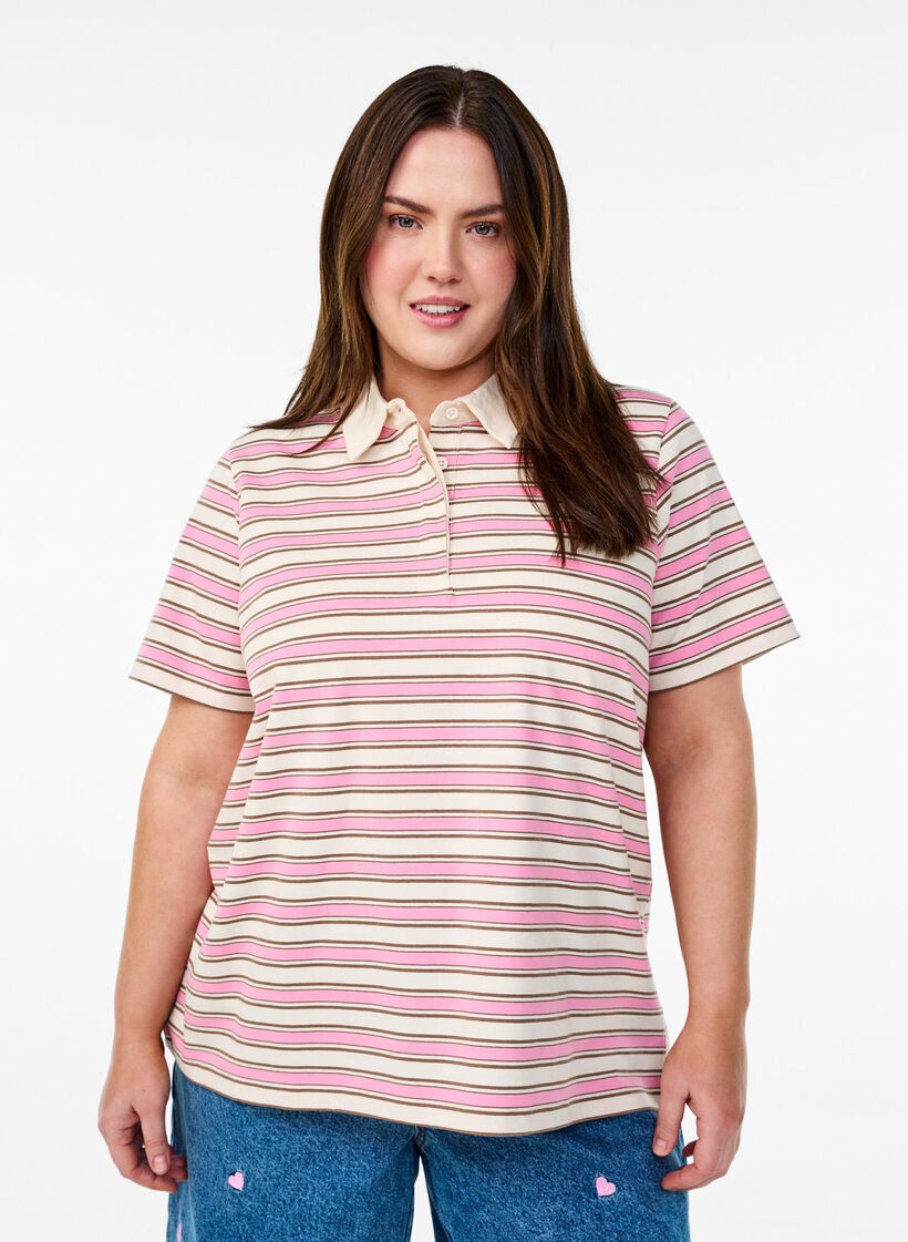 Poloshirt mit Streifen und kurzen Ärmeln, Pink, Model image number 0