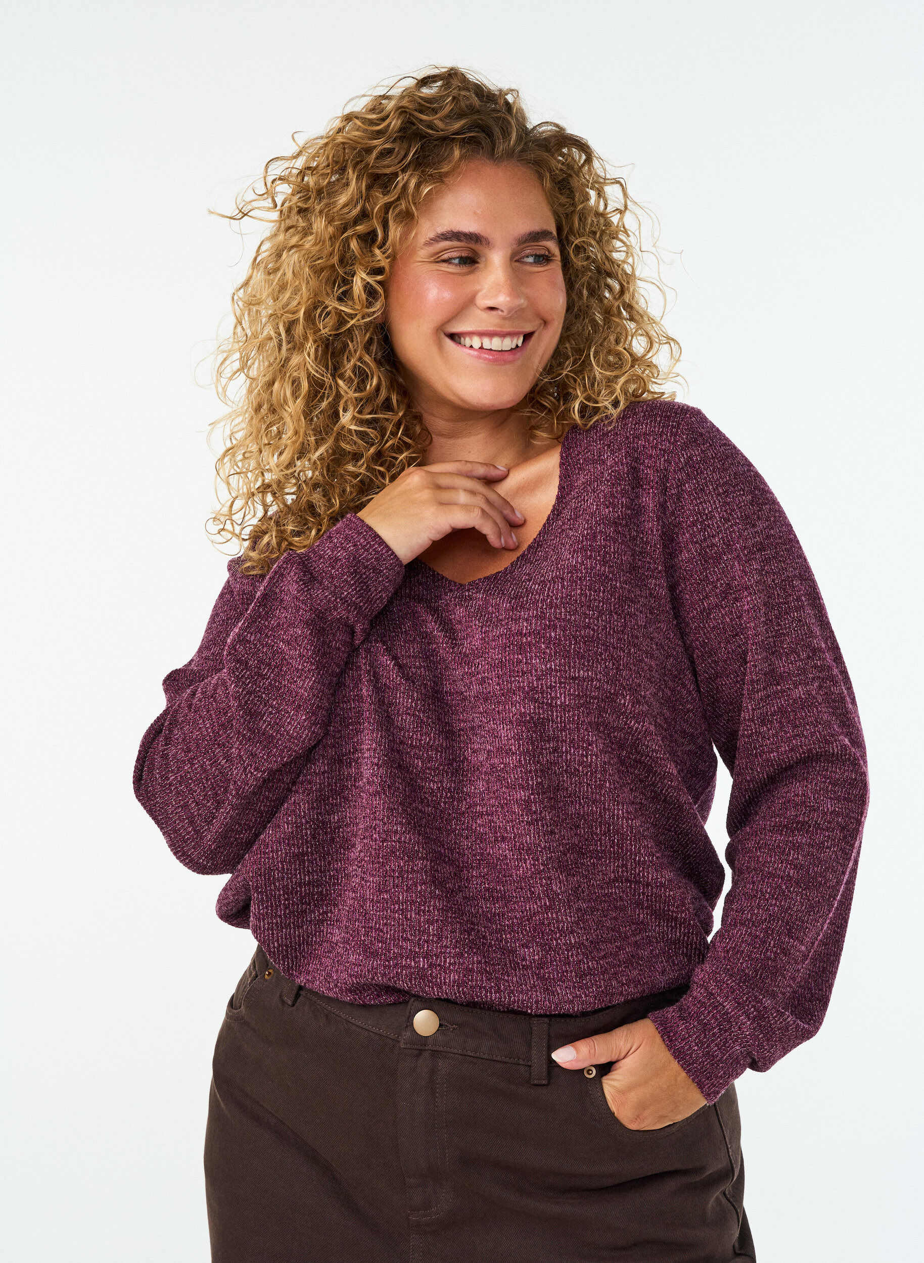 ZizziBluse aus Jersey mit V-Ausschnitt und langen &Auml;rmeln, Dunkles Bordeaux, Model image number 0