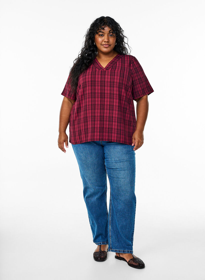 Bluse mit Karo-Muster und V-Ausschnitt, Dunkles Bordeaux, Model image number 1