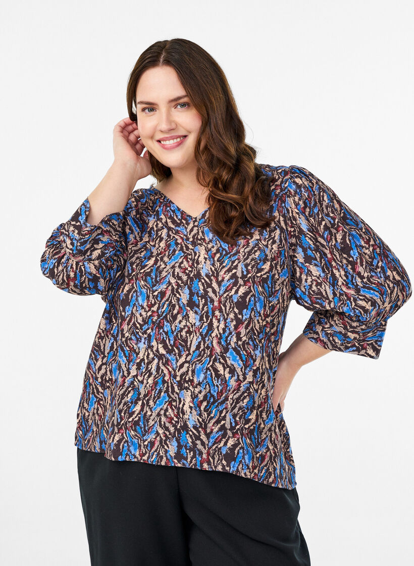 Bluse mit V-Ausschnitt und 3/4-Ärmeln, Blau, Model image number 0