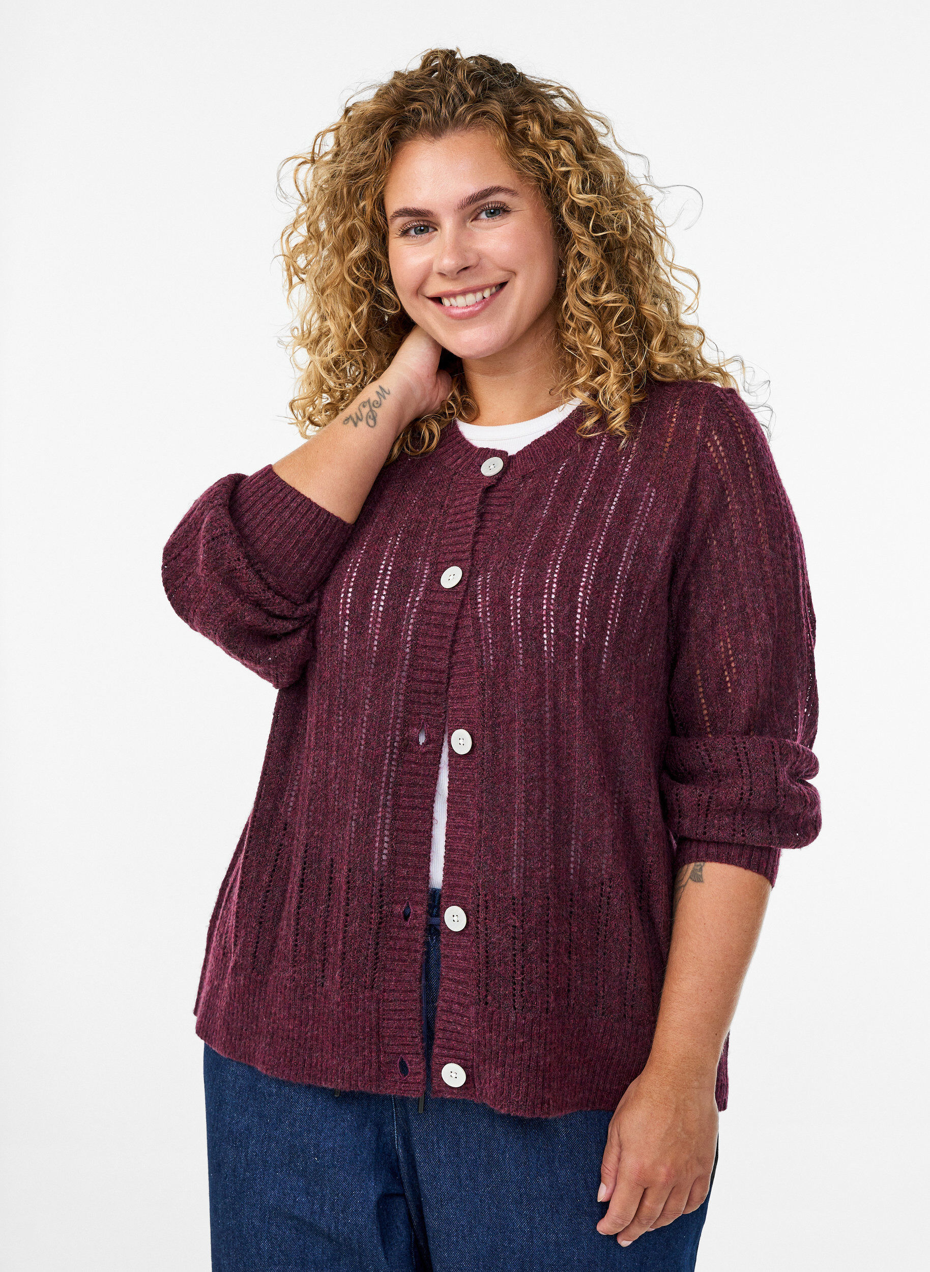 ZizziGestrickter Cardigan mit Lochmuster, Dunkles Bordeaux, Model image number 0