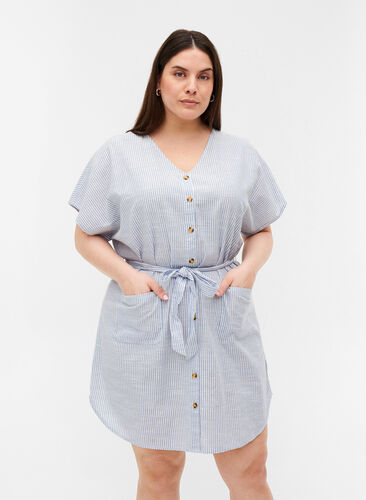 Gestreiftes Hemdkleid aus Baumwolle mit Taschen, Country Blue Stripe, Model image number 0