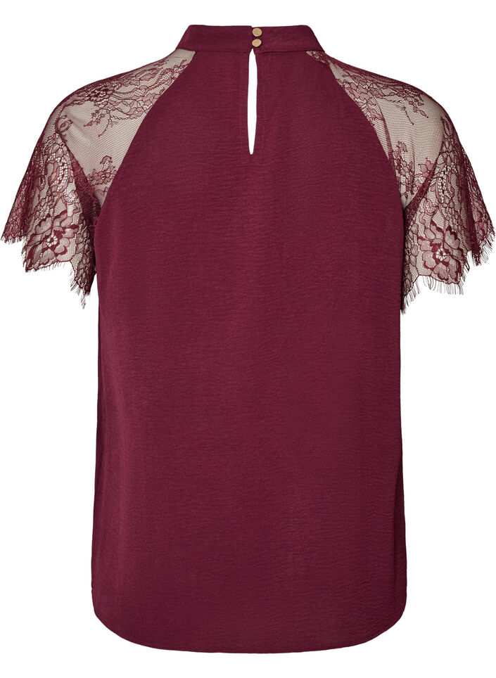 Bluse mit kurzen &Auml;rmeln aus Spitze und hohem Kragen, Rot, Packshot image number 1