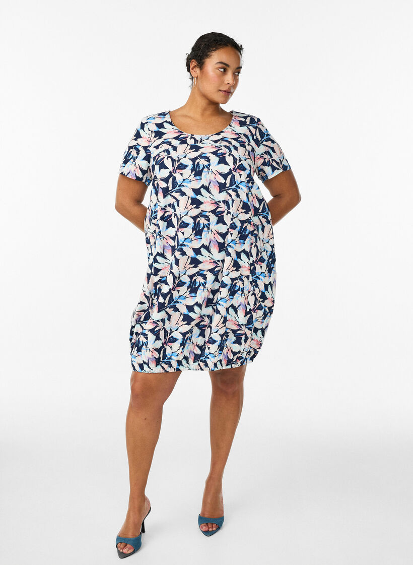Kurz&auml;rmliges Baumwollkleid mit Aufdruck, Blau, Model image number 1