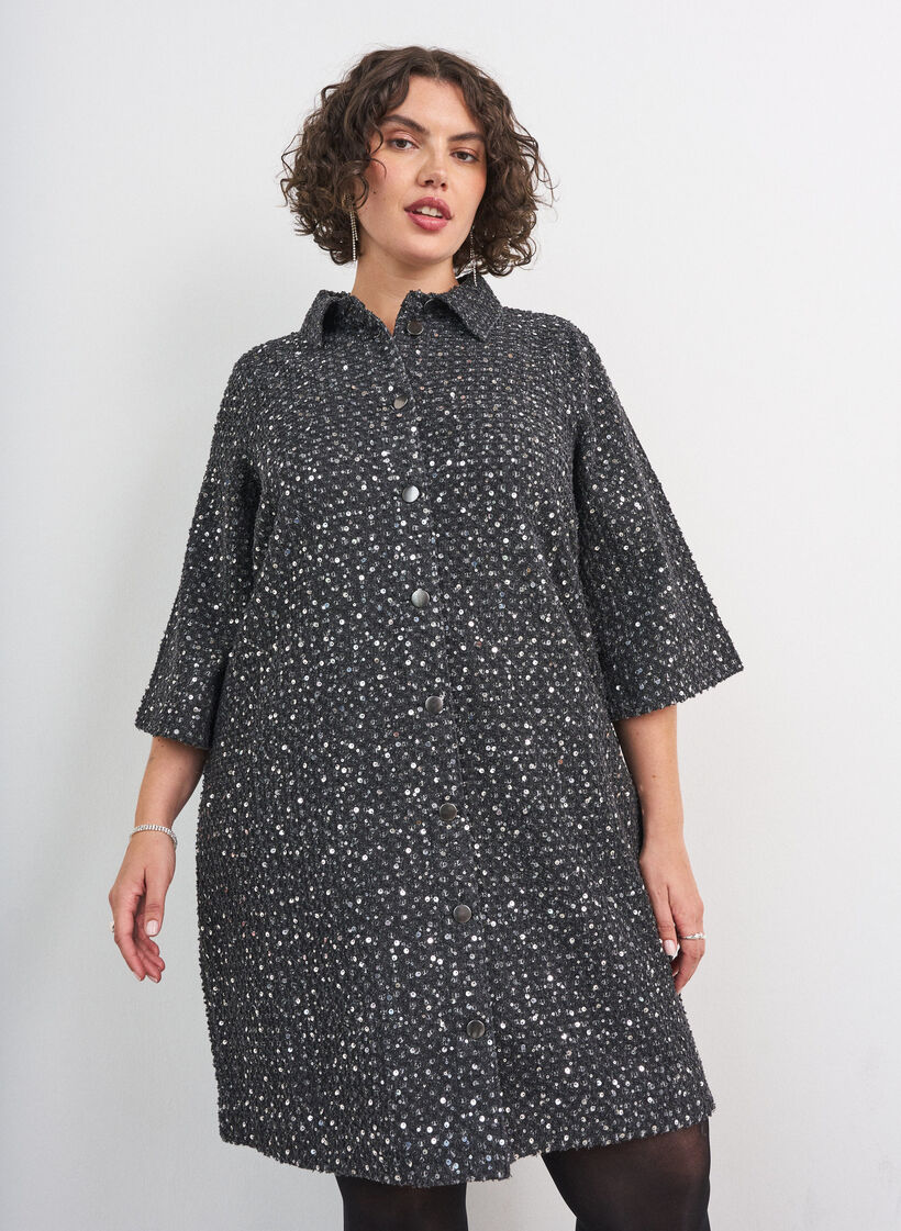 Kleid aus Denim mit Pailletten und 3/4-&Auml;rmeln, Schwarz, Model image number 0