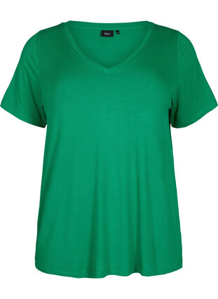 Geripptes T-Shirt aus Viskose mit V-Ausschnitt, Jolly Green, Packshot image number 0