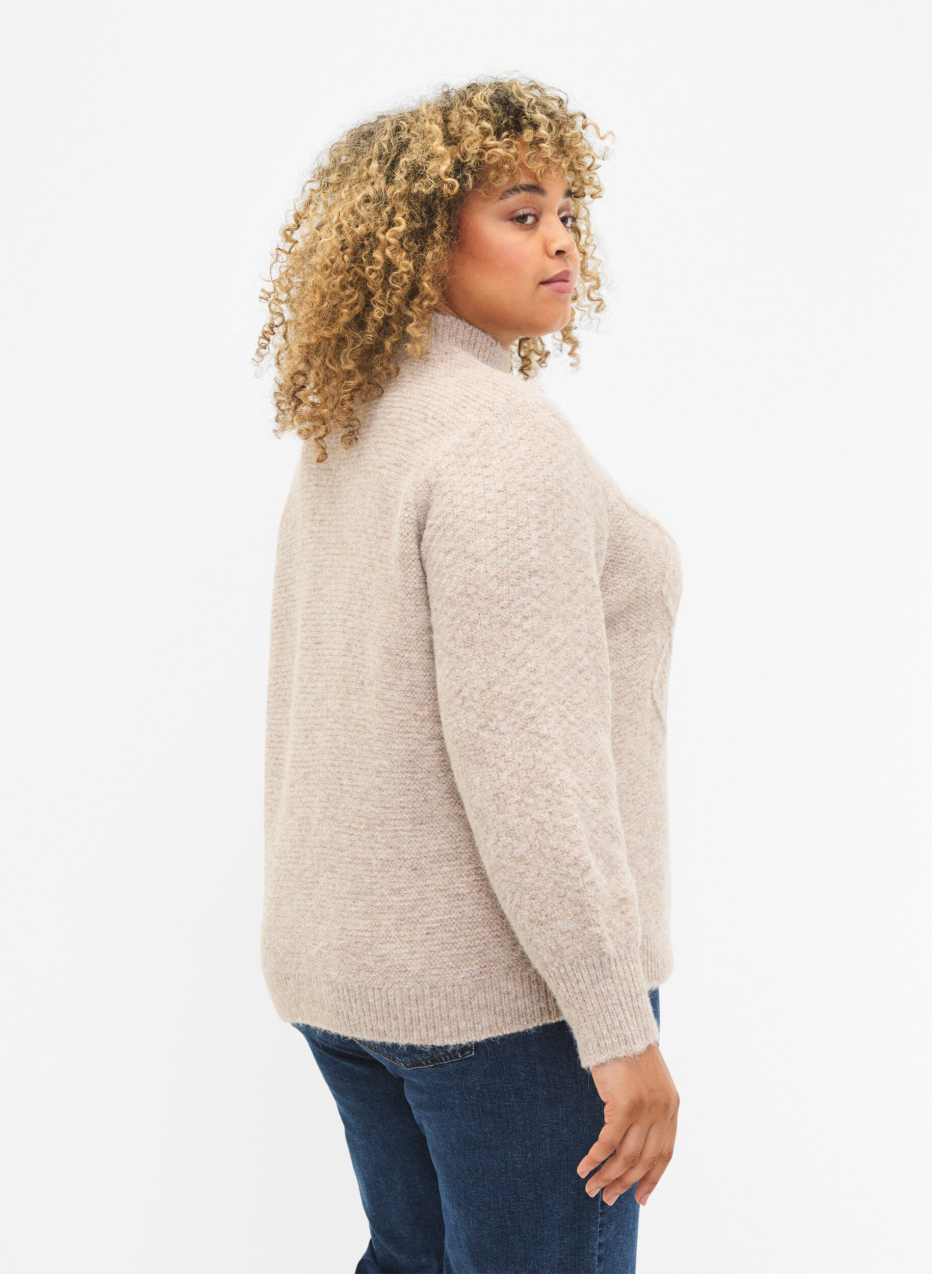 ZizziGemusterter Strickpullover mit Rollkragen, Simply Taupe Mel., Model image number 1