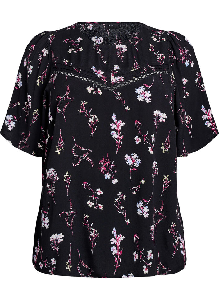 Gebl&uuml;mte Bluse mit kurzen &Auml;rmeln, Schwarz, Packshot image number 0