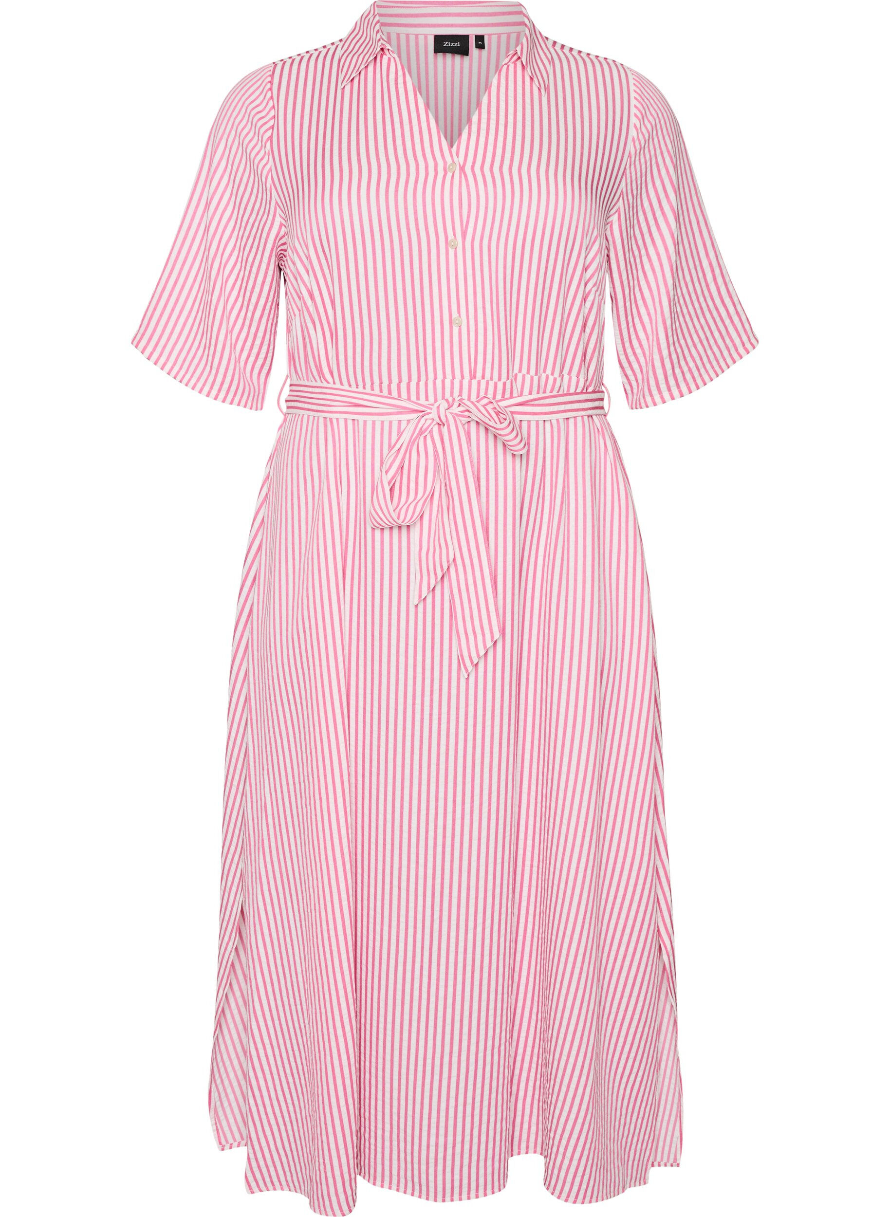 ZizziKn&ouml;chellanges Hemdblusenkleid mit Bindeg&uuml;rtel und Streifen, Pink, Packshot image number 0