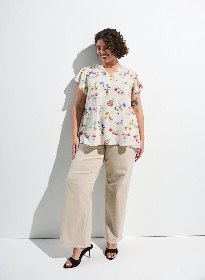 Bluse aus Viskose und Leinen mit R&uuml;schen&auml;rmeln, Beige, Image image number 0