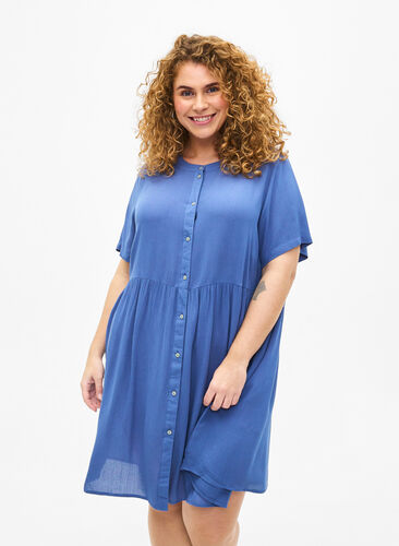 A-Linien-Kleid aus Viskose mit kurzen Ärmeln, Moonlight Blue, Model image number 0