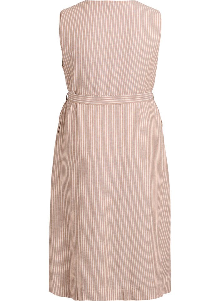&Auml;rmelloses gestreiftes Midikleid aus Leinen und Viskose, Beige, Packshot image number 1