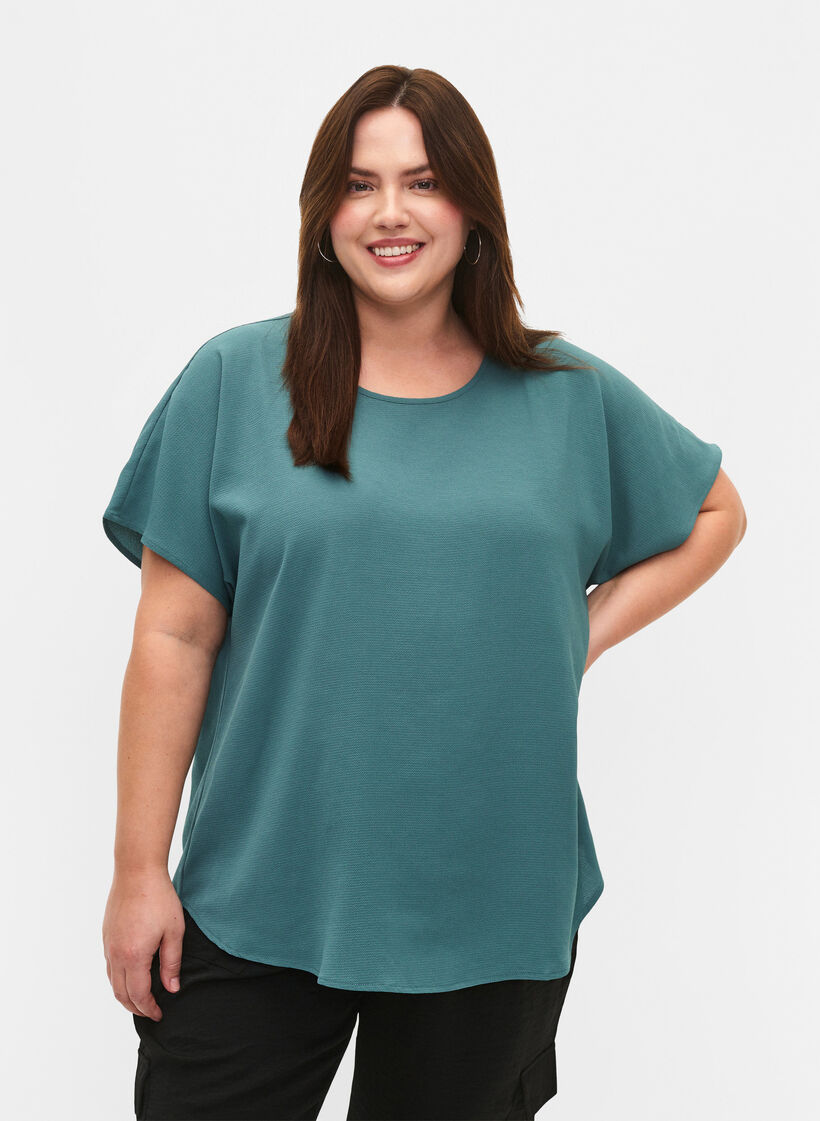 Bluse mit kurzen &Auml;rmeln und Rundhalsausschnitt, Gr&uuml;n, Model image number 0