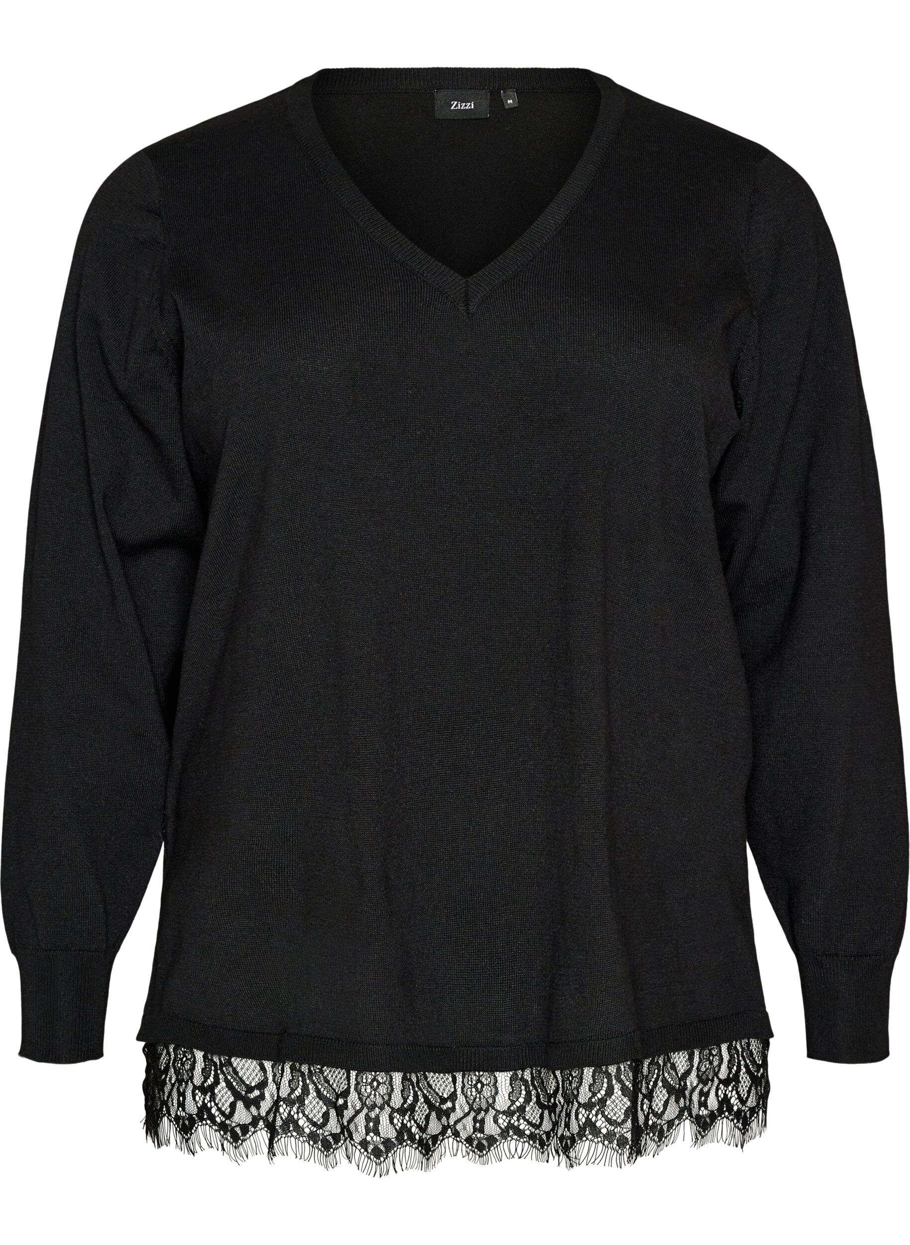 ZizziBluse aus Strick mit V-Ausschnitt und Spitzen, Schwarz, Packshot image number 0