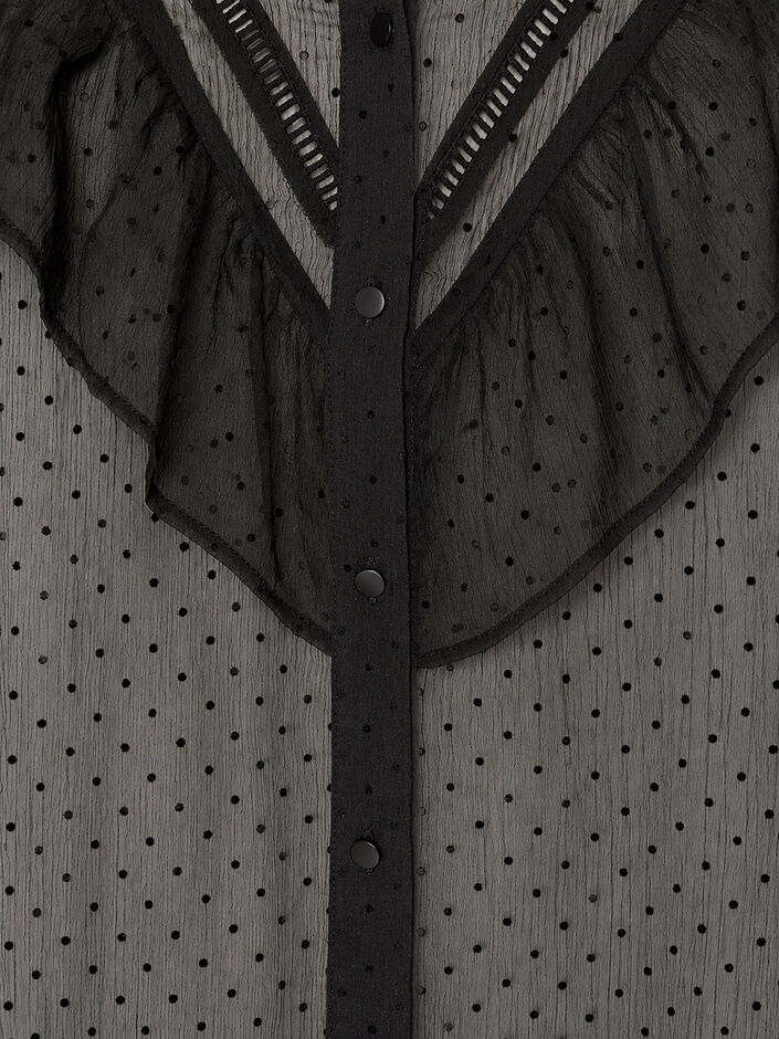 Midikleid aus einem leichten, transparenten Stoff mit Punkten und R&uuml;schen, Schwarz, Packshot image number 3
