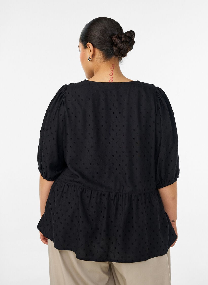 Bluse aus Viskose mit gepunkteter Struktur und V-Ausschnitt, Schwarz, Model image number 2