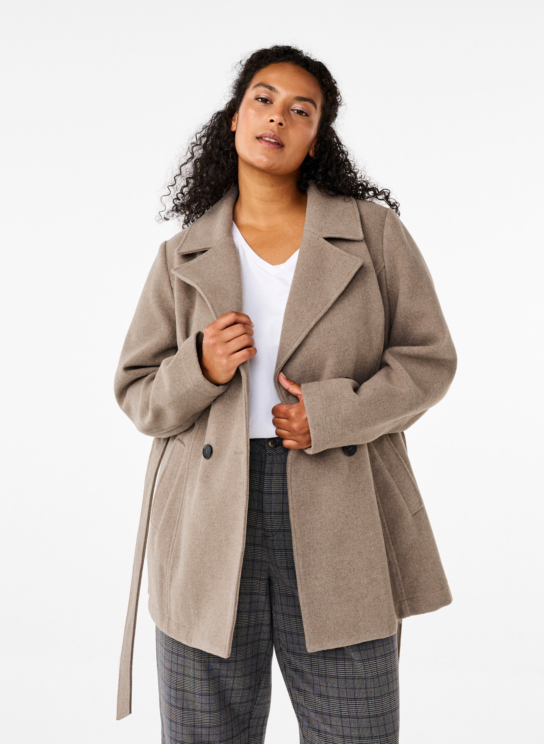 ZizziKurze Wolljacke mit G&uuml;rtel, Desert Taupe Mel., Model image number 0