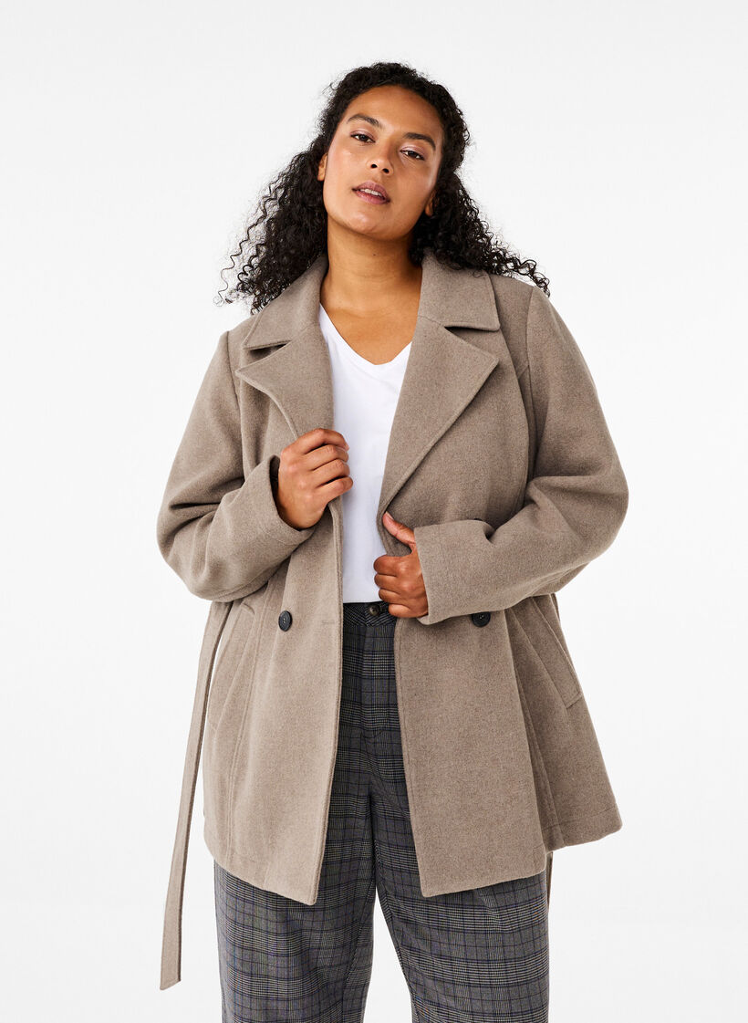 Kurze Wolljacke mit Gürtel, Desert Taupe Mel., Model image number 0