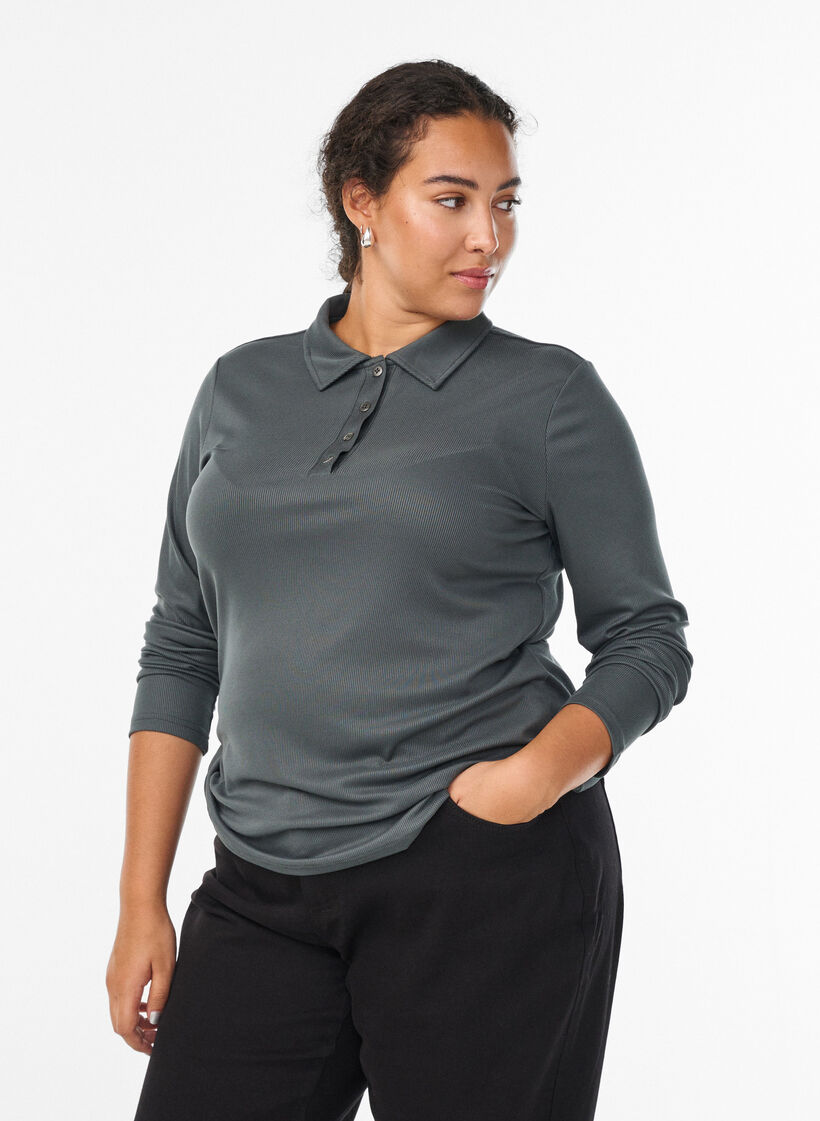Poloshirt aus weichem Ripp mit langen Ärmeln, Grün, Model image number 0