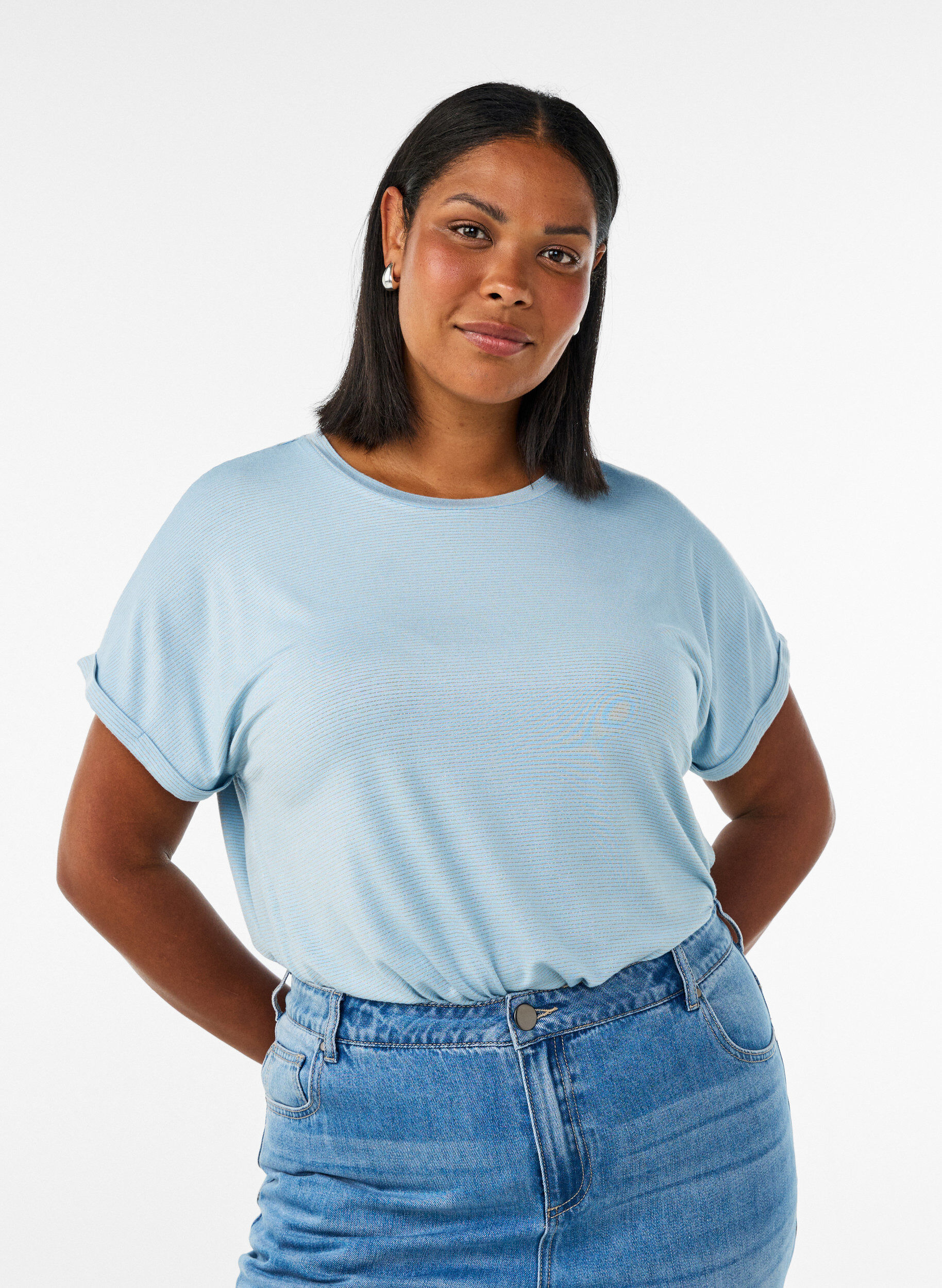 ZizziT-Shirt aus Viskose mit Glitzerstreifen, Blau, Model image number 0
