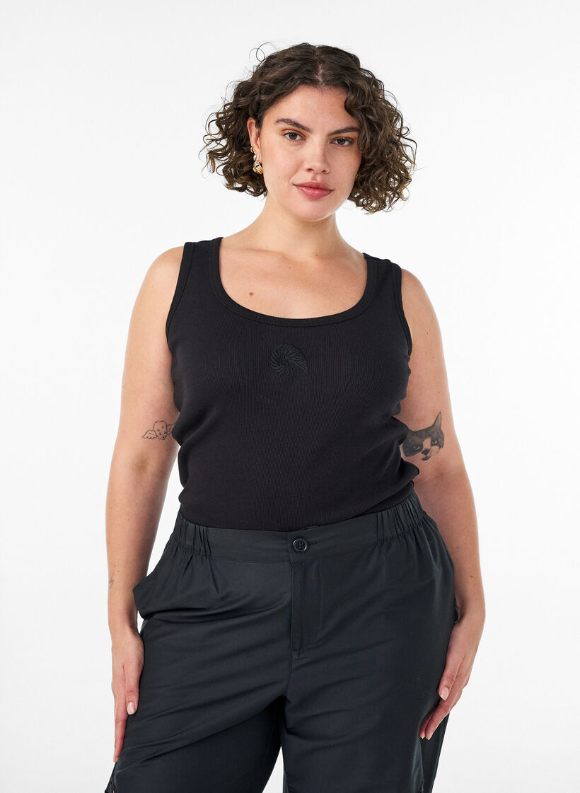 Tailleiertes Top mit Motiv, Schwarz, Model image number 0