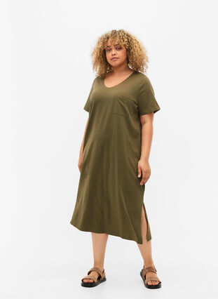 Kurzärmeliges Baumwollkleid mit Schlitz, Ivy Green, Model image number 2